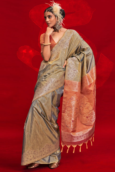 VastraLakshmi Imaginative Grey Soft Banarasi Silk Saree With Unequalled Blouse Piece