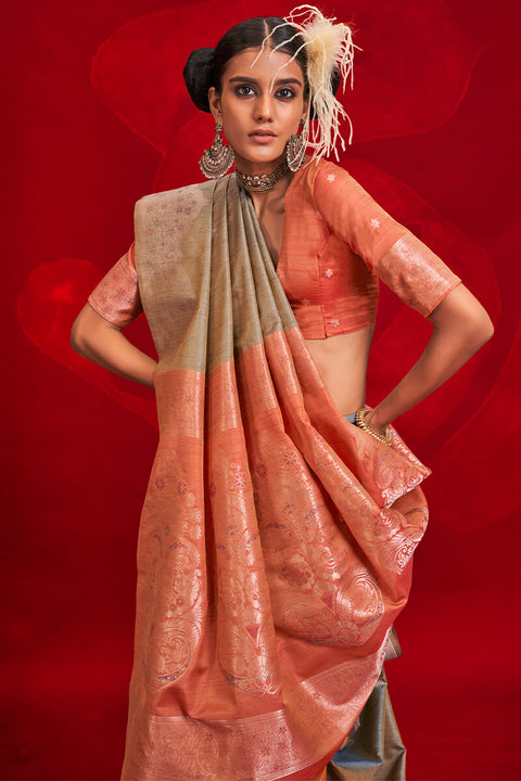 VastraLakshmi Imaginative Grey Soft Banarasi Silk Saree With Unequalled Blouse Piece