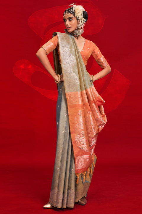 VastraLakshmi Imaginative Grey Soft Banarasi Silk Saree With Unequalled Blouse Piece