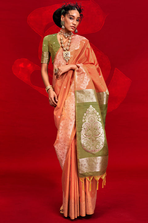 VastraLakshmi Enthralling Orange Soft Banarasi Silk Saree With Alluring Blouse Piece