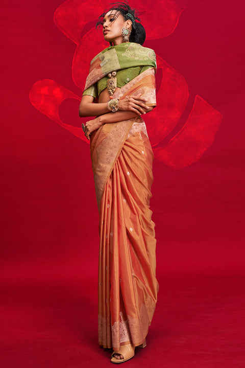 VastraLakshmi Enthralling Orange Soft Banarasi Silk Saree With Alluring Blouse Piece