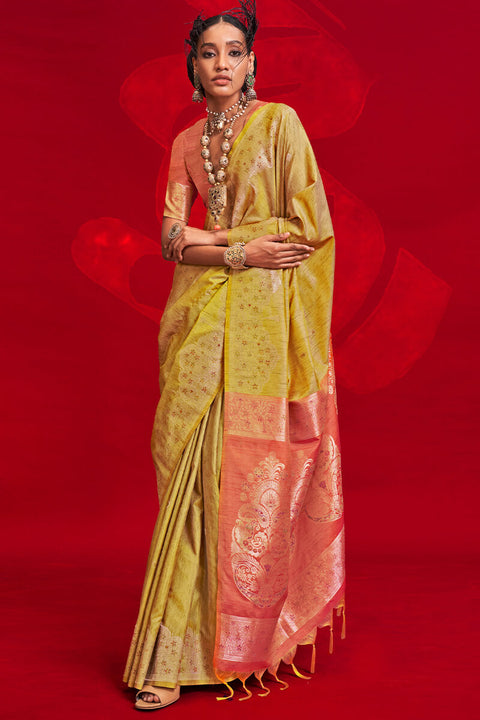 VastraLakshmi Rhapsody Yellow Soft Banarasi Silk Saree With Ravishing Blouse Piece