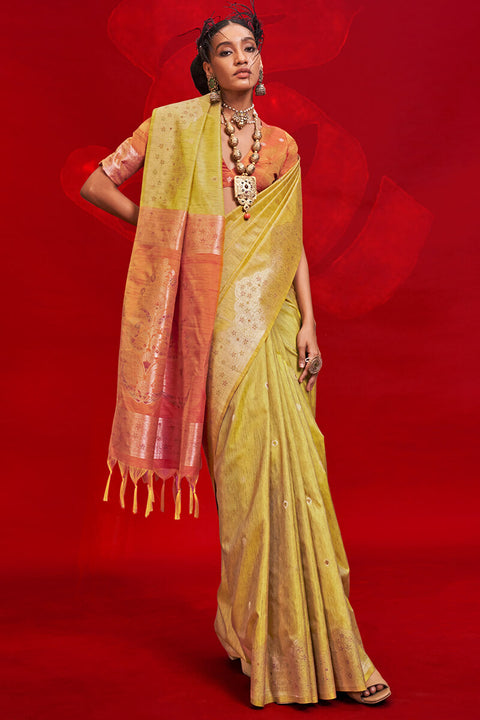 VastraLakshmi Rhapsody Yellow Soft Banarasi Silk Saree With Ravishing Blouse Piece