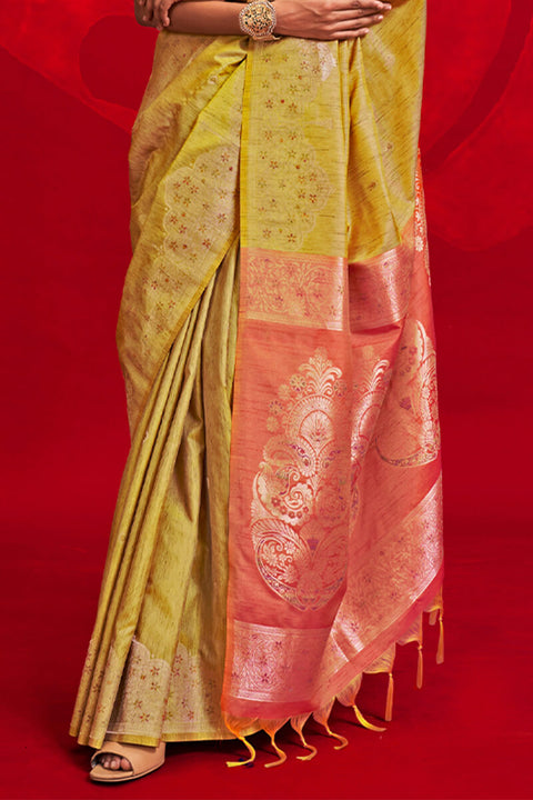 VastraLakshmi Rhapsody Yellow Soft Banarasi Silk Saree With Ravishing Blouse Piece