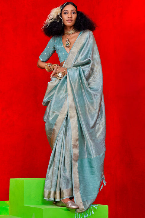 VastraLakshmi Sizzling Firozi Soft Banarasi Silk Saree With Unique Blouse Piece