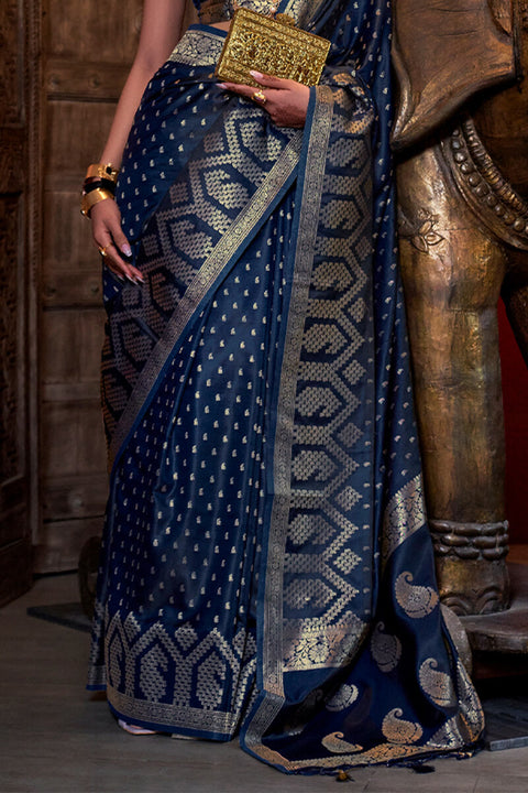 VastraLakshmi Resplendent Navy Blue Banarasi Satin Silk Saree With Enigmatic Blouse