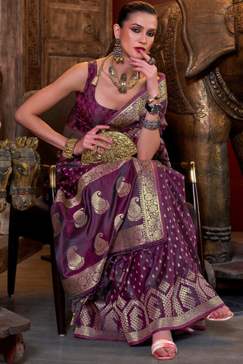 VastraLakshmi Majestic Purple Banarasi Satin Silk Saree With Jubilant Blouse