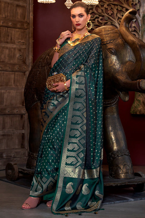 VastraLakshmi Ornate Dark Green Banarasi Satin Silk Saree With Piquant Blouse