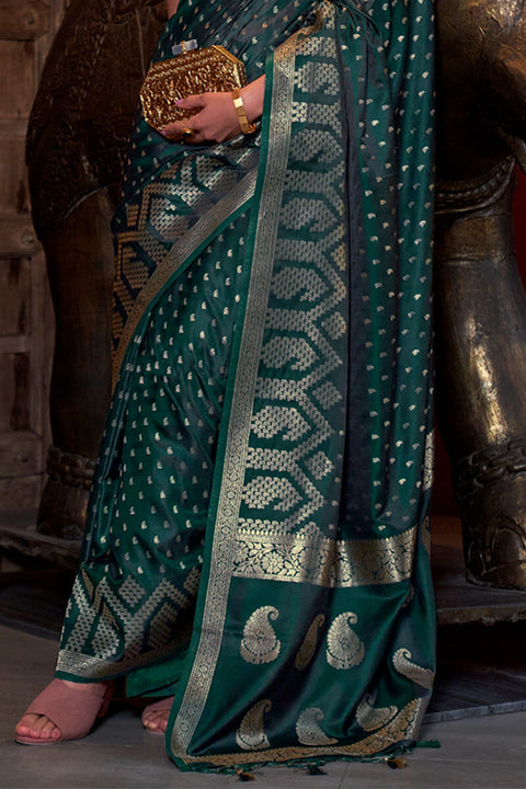 VastraLakshmi Ornate Dark Green Banarasi Satin Silk Saree With Piquant Blouse