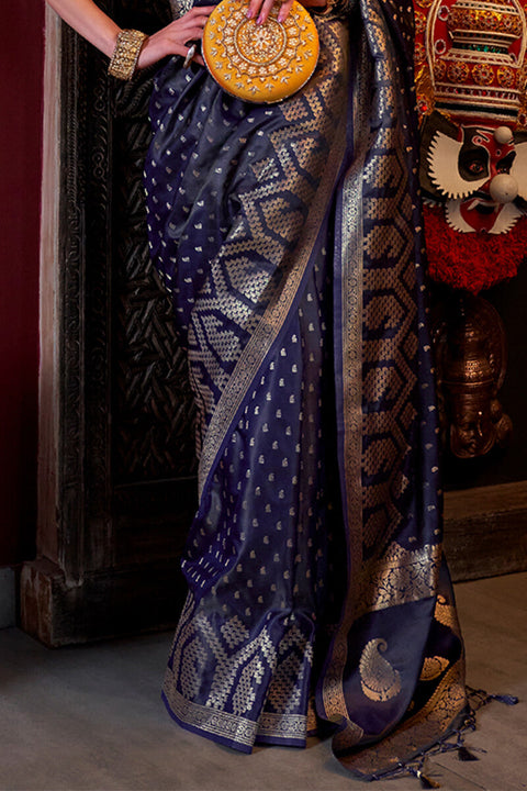 VastraLakshmi Scintillating Blue Banarasi Satin Silk Saree With Allure Blouse