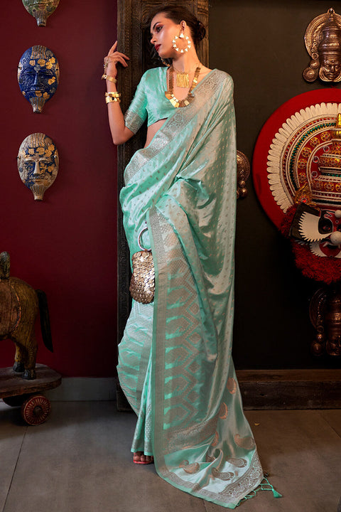 VastraLakshmi Radiant Sea Green Banarasi Satin Silk Saree With Alluring Blouse