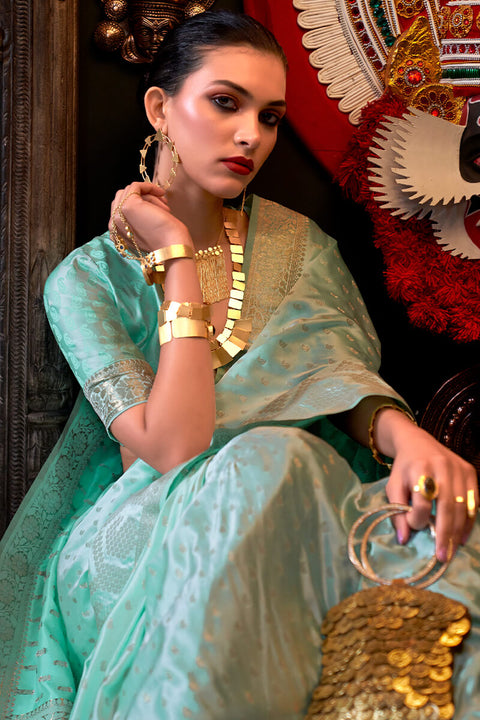 VastraLakshmi Radiant Sea Green Banarasi Satin Silk Saree With Alluring Blouse