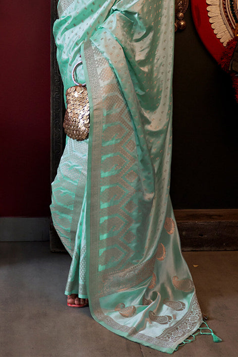 VastraLakshmi Radiant Sea Green Banarasi Satin Silk Saree With Alluring Blouse