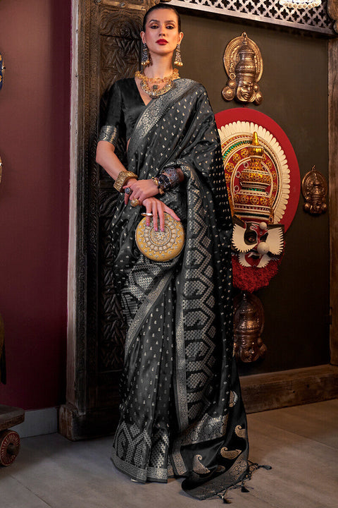 VastraLakshmi Vibrant Black Banarasi Satin Silk Saree With Rhapsodic Blouse