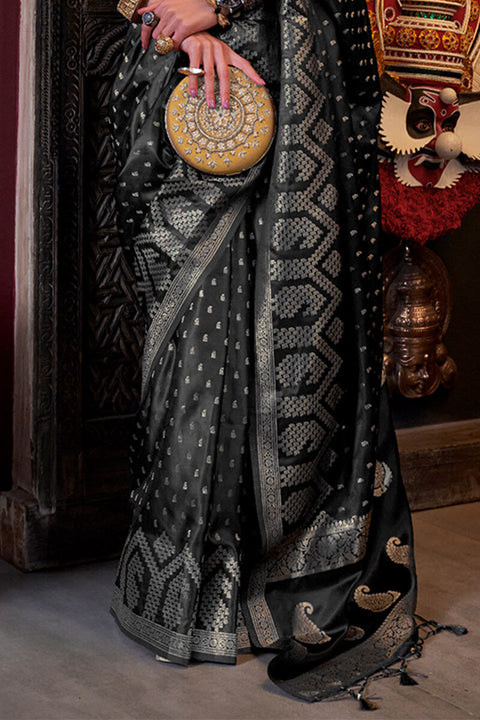 VastraLakshmi Vibrant Black Banarasi Satin Silk Saree With Rhapsodic Blouse