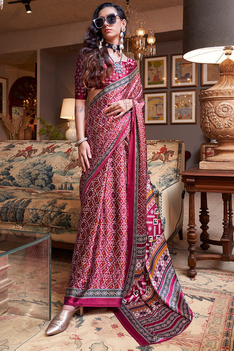 VastraLakshmi Aplomb Wine Digital Printed Satin Silk Saree With Ravishing Blouse Piece