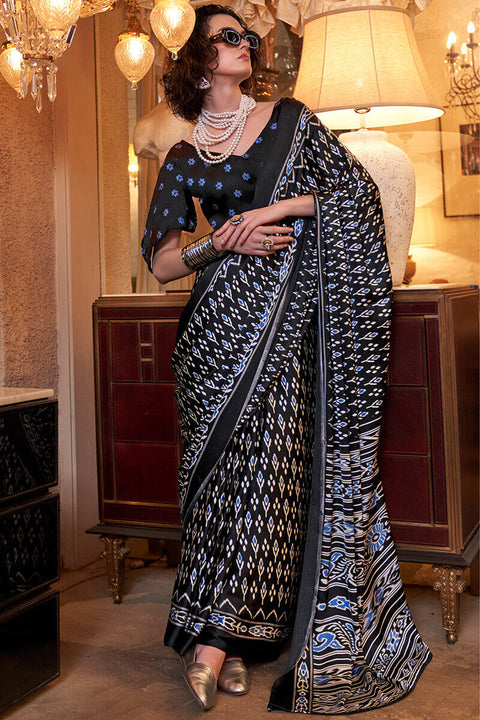 VastraLakshmi Ethereal Black Digital Printed Satin Silk Saree With Tantalizing Blouse Piece