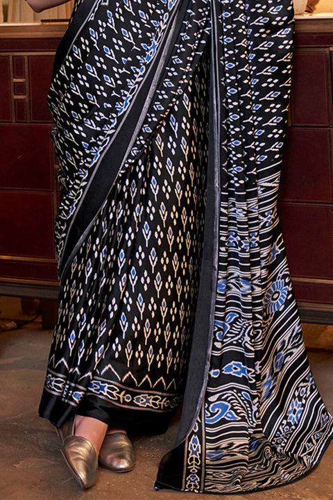 VastraLakshmi Ethereal Black Digital Printed Satin Silk Saree With Tantalizing Blouse Piece