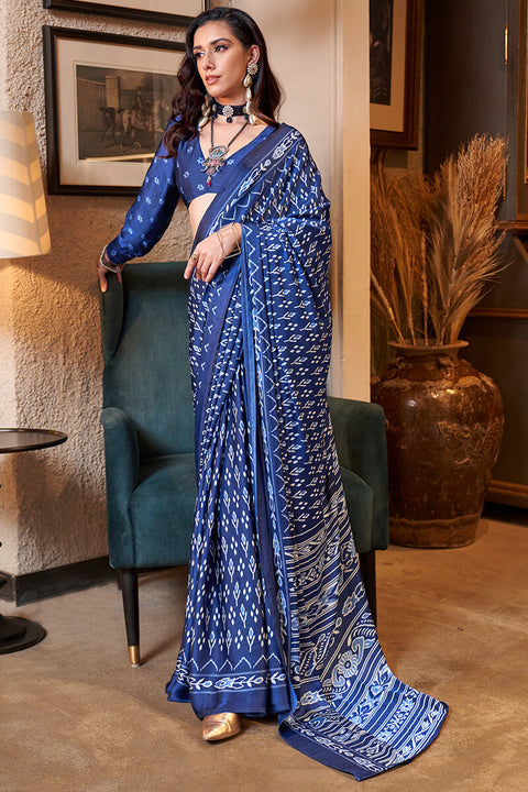 VastraLakshmi Scrupulous Navy Blue Digital Printed Satin Silk Saree With Lustrous Blouse Piece