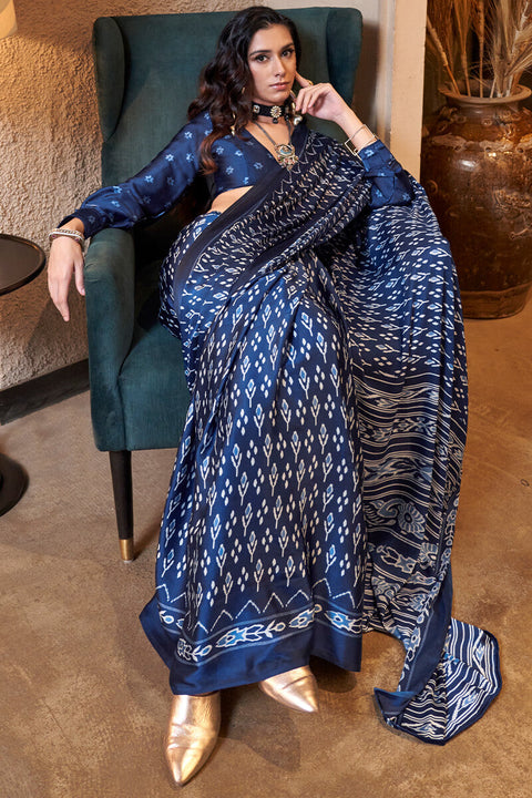 VastraLakshmi Scrupulous Navy Blue Digital Printed Satin Silk Saree With Lustrous Blouse Piece