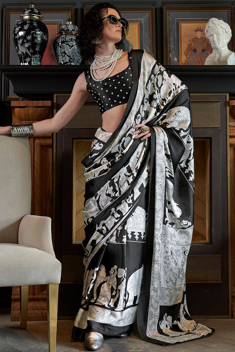 VastraLakshmi Vibrant Black and White Digital Printed Satin Silk Saree With Whimsical Blouse Piece