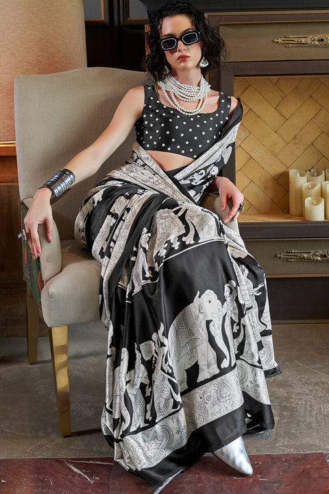 VastraLakshmi Vibrant Black and White Digital Printed Satin Silk Saree With Whimsical Blouse Piece