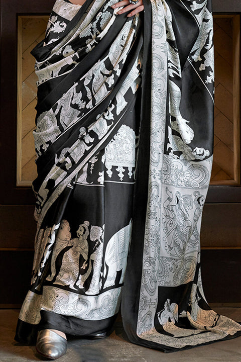 VastraLakshmi Vibrant Black and White Digital Printed Satin Silk Saree With Whimsical Blouse Piece