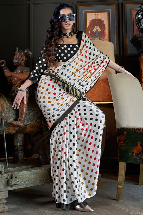 VastraLakshmi Resplendent White Digital Printed Satin Silk Saree With Profuse Blouse Piece