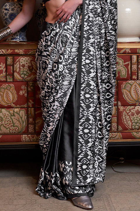 VastraLakshmi Scintilla Black Digital Printed Satin Silk Saree With Murmurous Blouse Piece