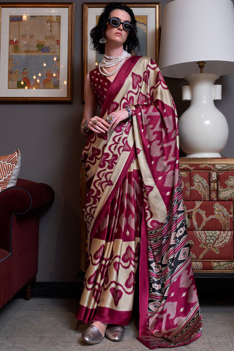 VastraLakshmi Epiphany Beige and Wine Digital Printed Satin Silk Saree With Effervescent Blouse Piece