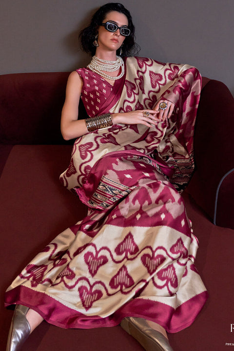 VastraLakshmi Epiphany Beige and Wine Digital Printed Satin Silk Saree With Effervescent Blouse Piece