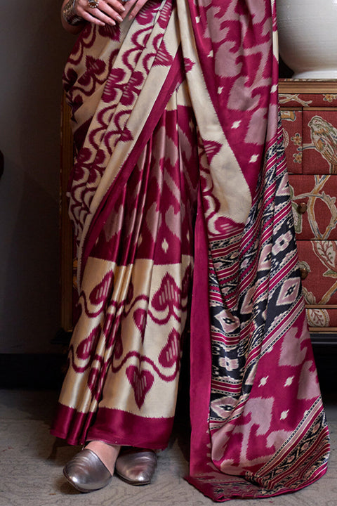 VastraLakshmi Epiphany Beige and Wine Digital Printed Satin Silk Saree With Effervescent Blouse Piece