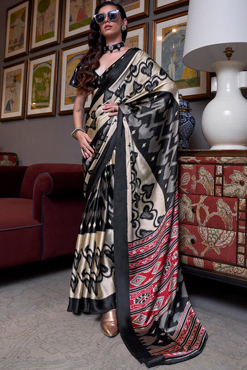 VastraLakshmi Chatoyant Beige and Black Digital Printed Satin Silk Saree With Comely Blouse Piece