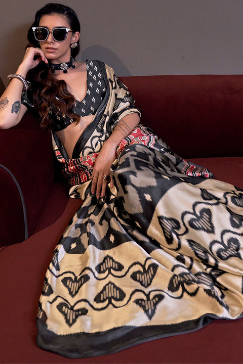 VastraLakshmi Chatoyant Beige and Black Digital Printed Satin Silk Saree With Comely Blouse Piece