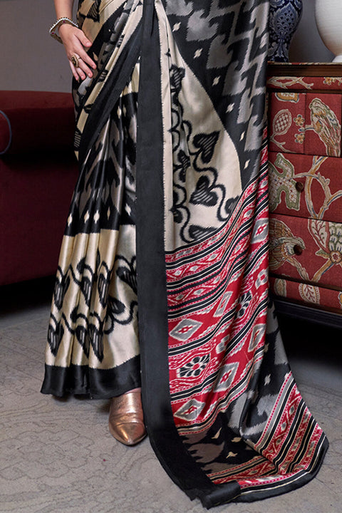 VastraLakshmi Chatoyant Beige and Black Digital Printed Satin Silk Saree With Comely Blouse Piece