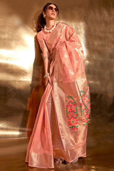 VastraLakshmi Exceptional Peach Paithani Silk Saree With Arresting Blouse Piece