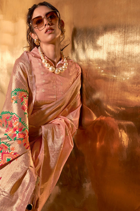 VastraLakshmi Exceptional Peach Paithani Silk Saree With Arresting Blouse Piece