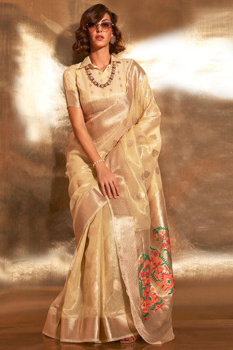 VastraLakshmi Intricate Beige Paithani Silk Saree With Capricious Blouse Piece