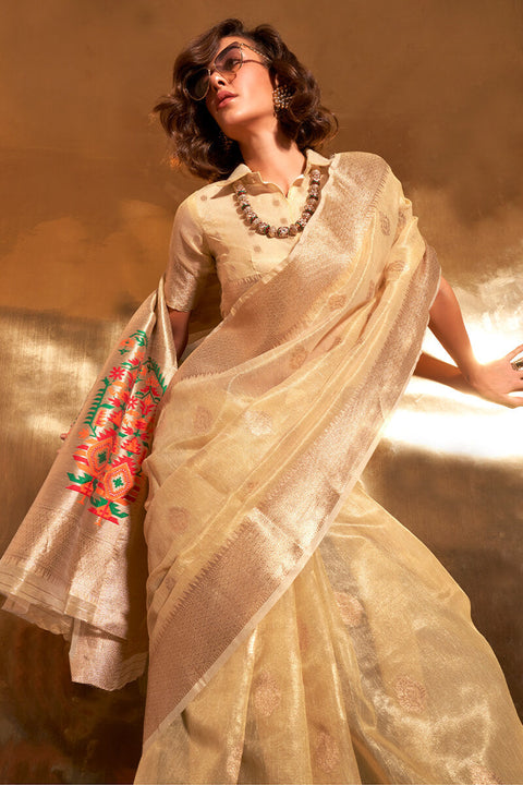 VastraLakshmi Intricate Beige Paithani Silk Saree With Capricious Blouse Piece