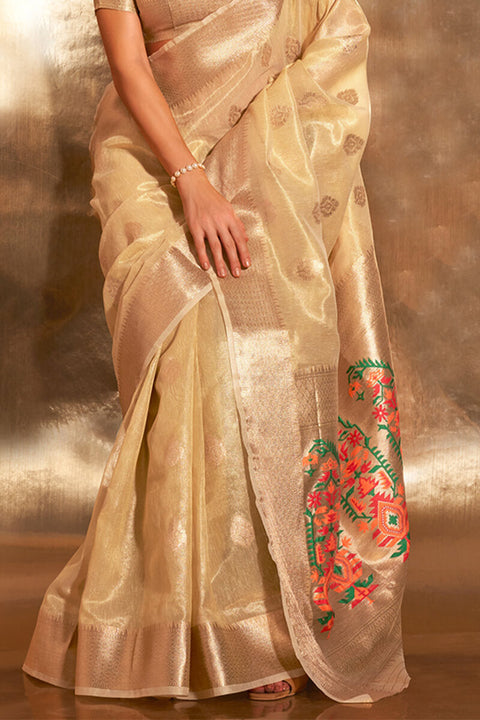 VastraLakshmi Intricate Beige Paithani Silk Saree With Capricious Blouse Piece