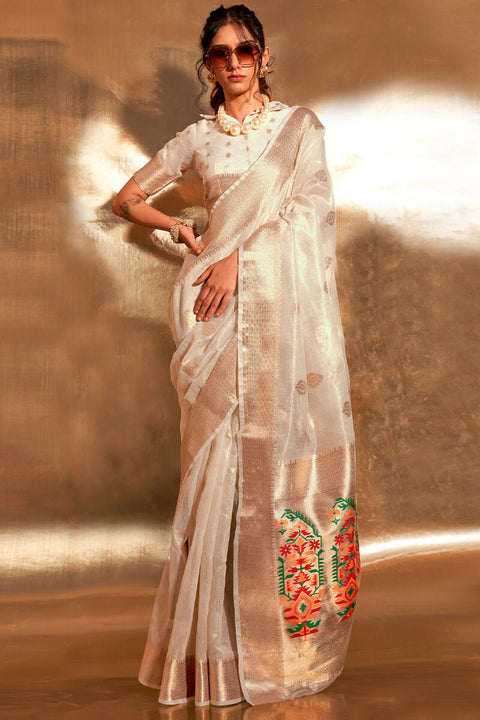 VastraLakshmi Alluring Off White Paithani Silk Saree With Pretty Blouse Piece