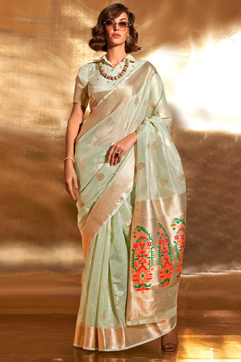 VastraLakshmi Girlish Pista Paithani Silk Saree With Opulent Blouse Piece