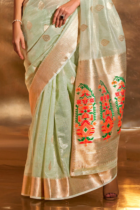 VastraLakshmi Girlish Pista Paithani Silk Saree With Opulent Blouse Piece