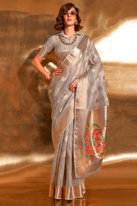 VastraLakshmi Fragrant Grey Paithani Silk Saree With Tremendous Blouse Piece