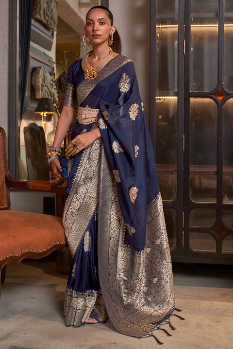 VastraLakshmi Beleaguer Navy Blue Soft Banarasi Silk Saree With Embrocation Blouse Piece