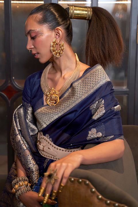 VastraLakshmi Beleaguer Navy Blue Soft Banarasi Silk Saree With Embrocation Blouse Piece