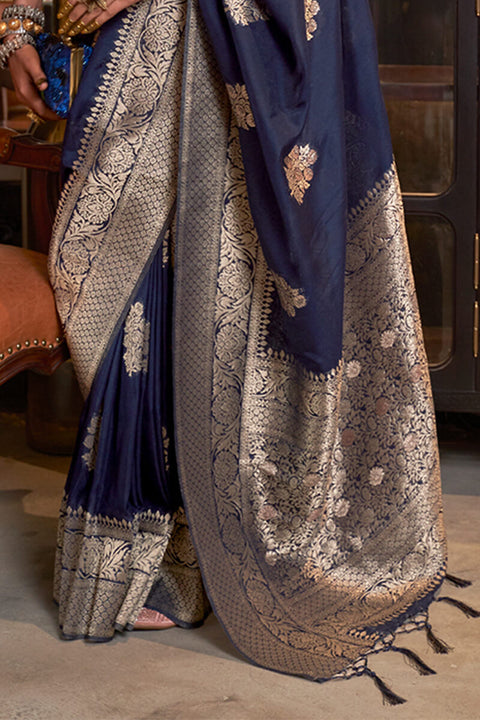 VastraLakshmi Beleaguer Navy Blue Soft Banarasi Silk Saree With Embrocation Blouse Piece