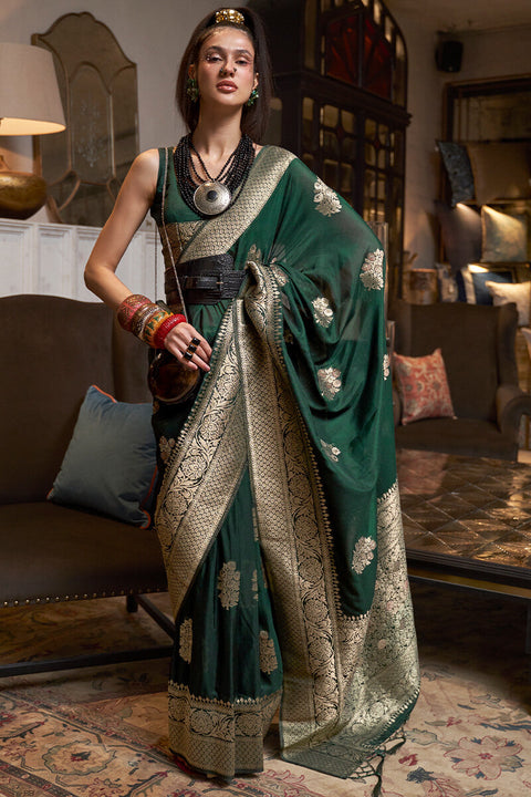 VastraLakshmi Epiphany Dark Green Soft Banarasi Silk Saree With Serendipity Blouse Piece