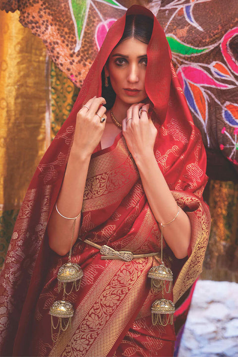 VastraLakshmi Denouement Red Soft Banarasi Silk Saree With Snappy Blouse Piece