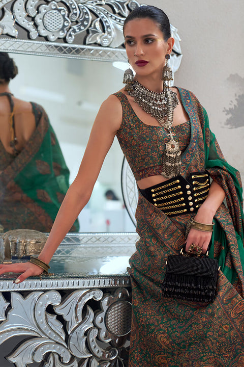 VastraLakshmi Stylish Dark Green Pashmina saree With Extraordinary Blouse Piece